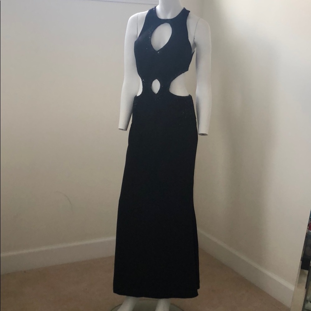 Vintage Y2K 2001 Black Beaded Cutout Formal Maxi Gown Size 4